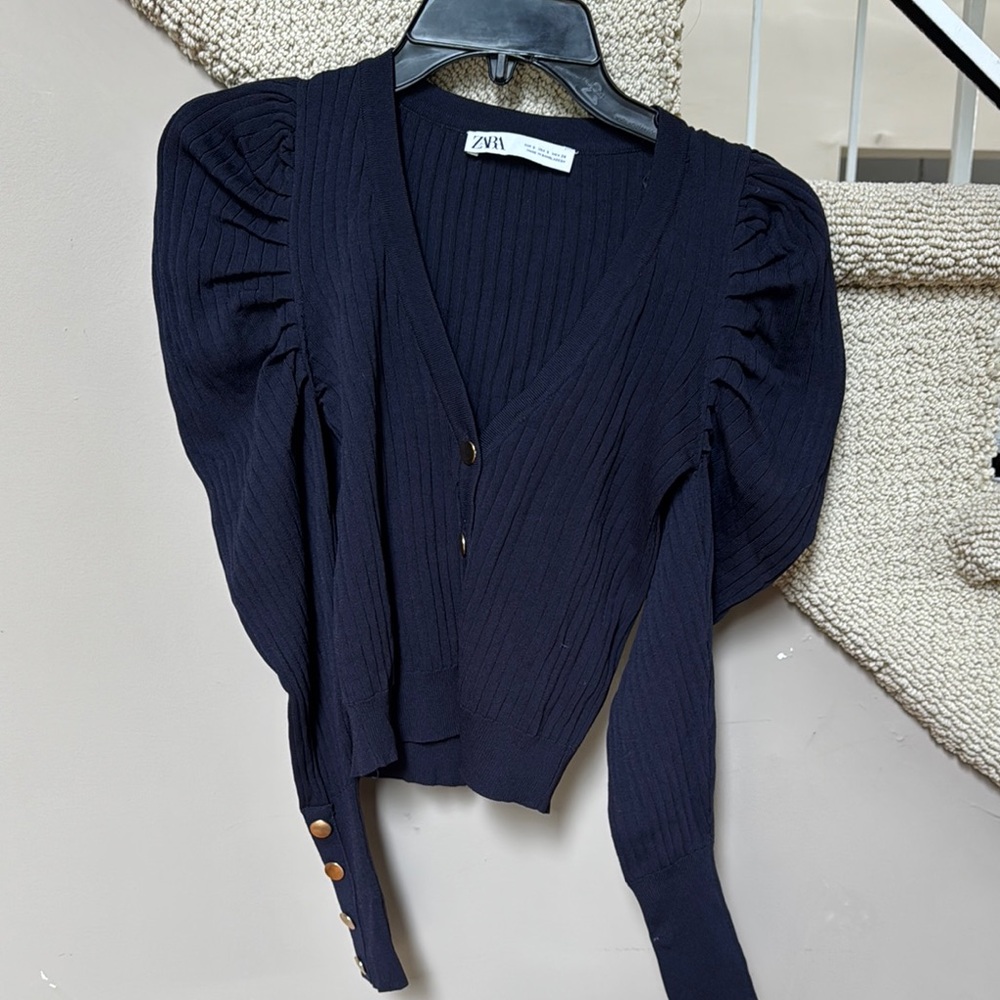 Zara Navy Crop Cardigan with Puff Shoulders and gold buttons